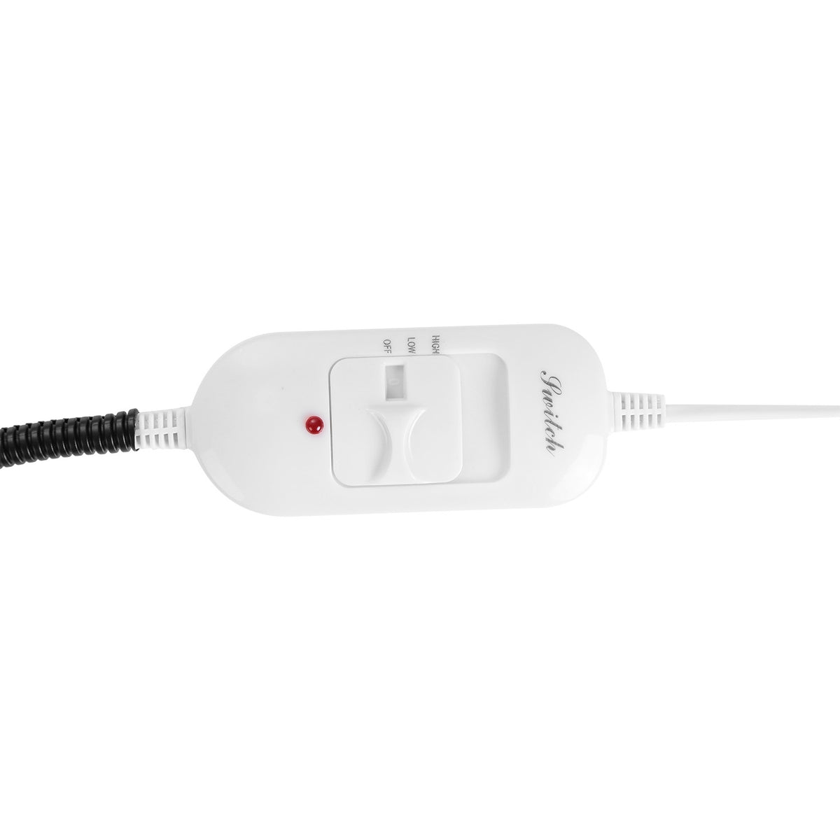 A white electric heating pad controller with a black coiled cord on the left and a white cord on the right, featuring a three-way switch, a small red indicator light, and the brand name 'Safetel' printed on the side.