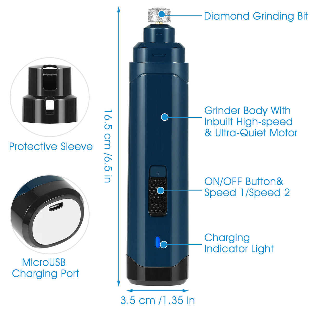Blue handheld grinder with labeled parts and dimensions on a white background