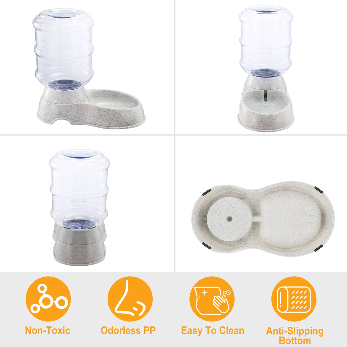 Pet water bottle and stand with features highlighted on a white background