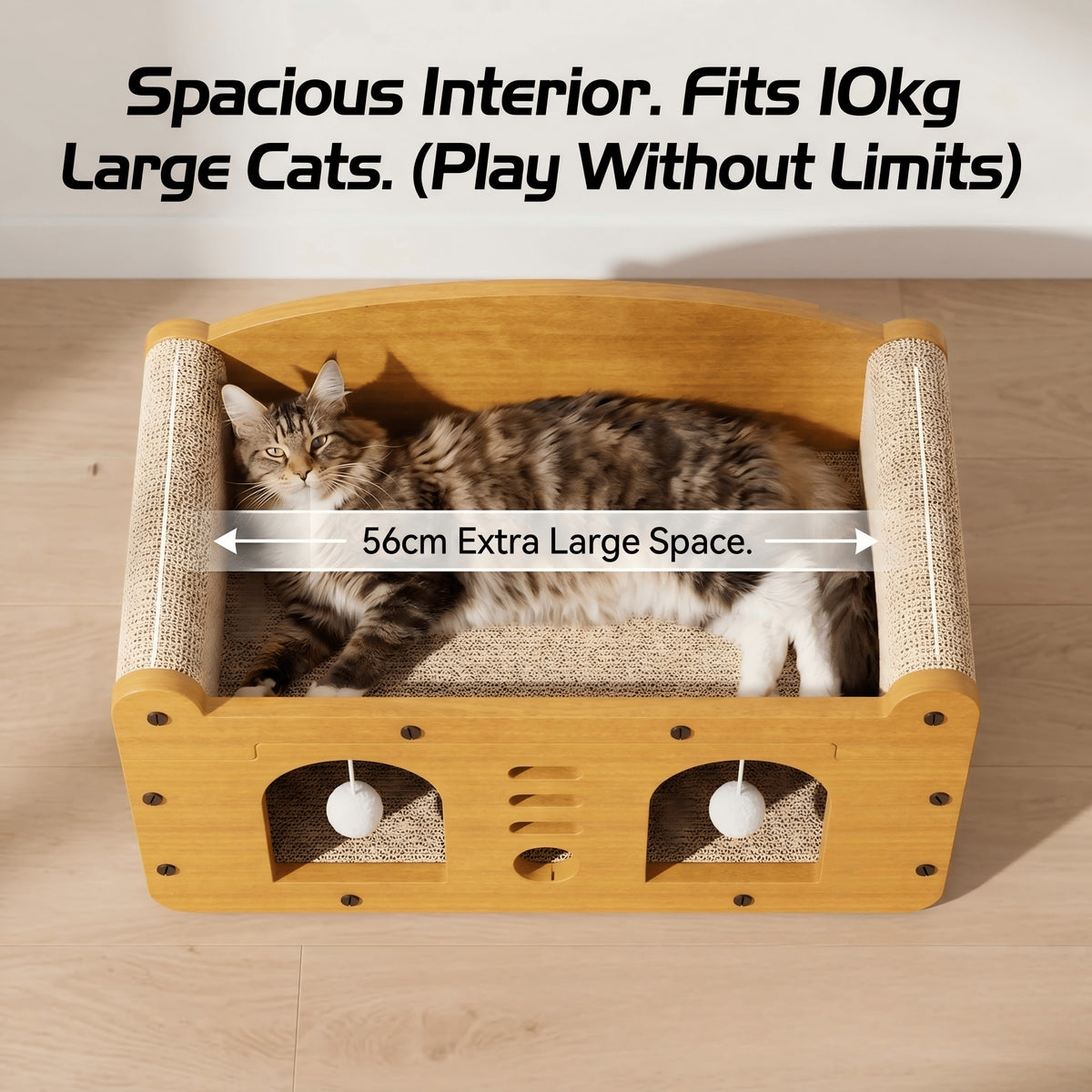 Wooden cat bed with a cat inside, labeled for large cats and extra space.