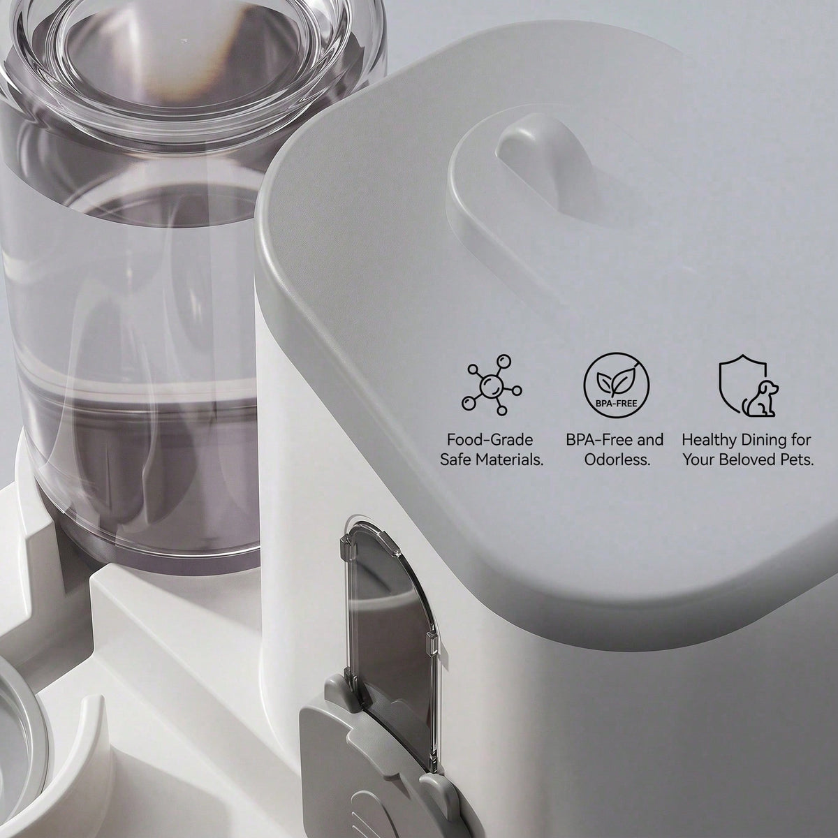 Pet food dispenser with clear container and white lid, featuring safety and health icons.
