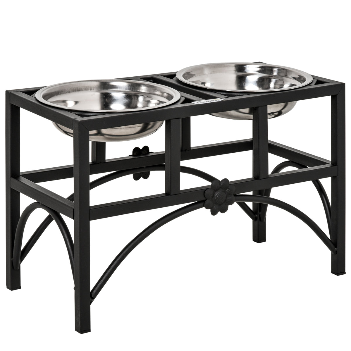 A black metal elevated pet feeder and dog stand with two stainless steel bowls, shown on a plain white background.