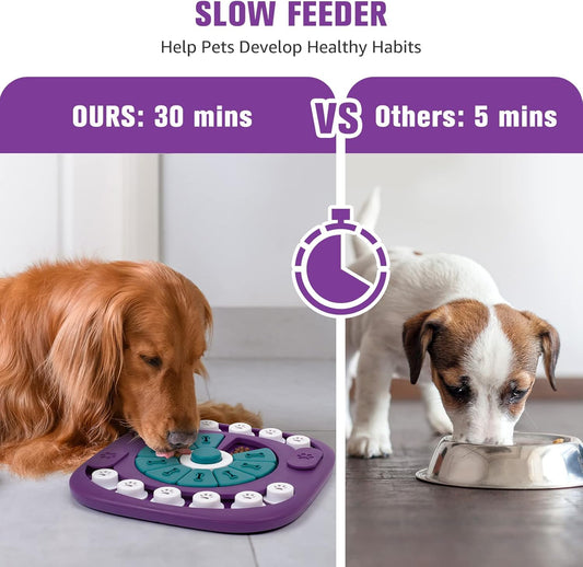 Comparison of a slow feeder for pets with a regular bowl, showing different eating times.