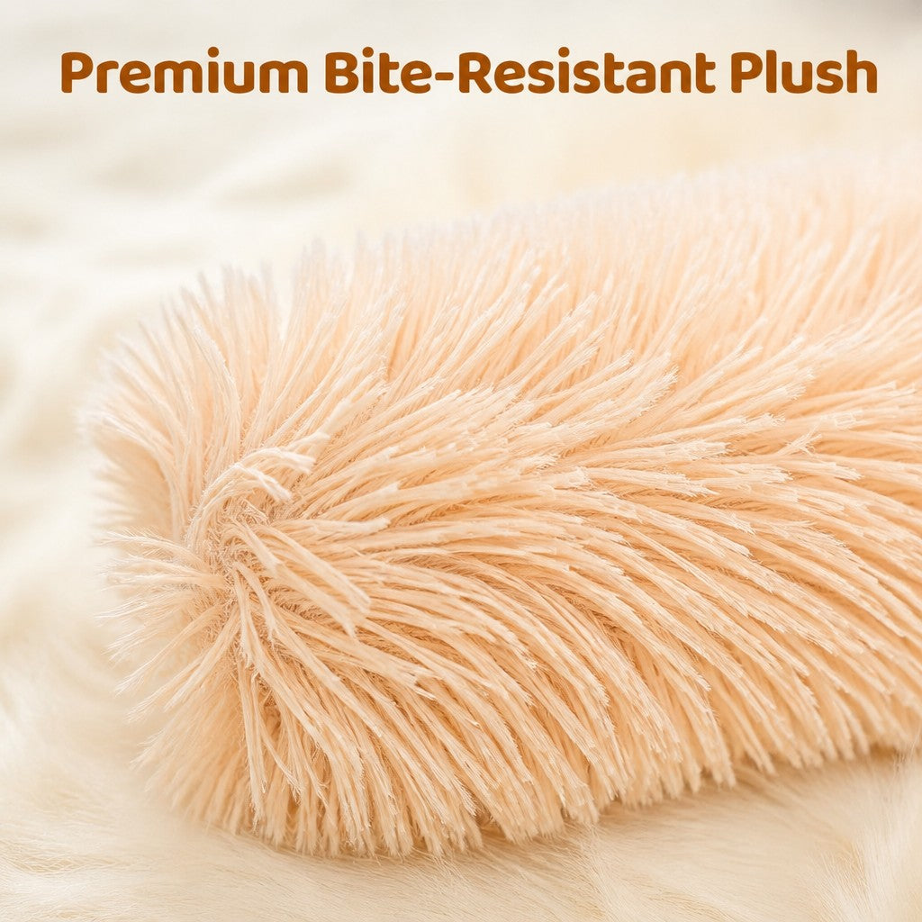 A close-up of a soft, fluffy plush toy or cushion in a light peach-beige color, with the text 'Premium Bite-Resistant Plush' at the top on a warm cream background.