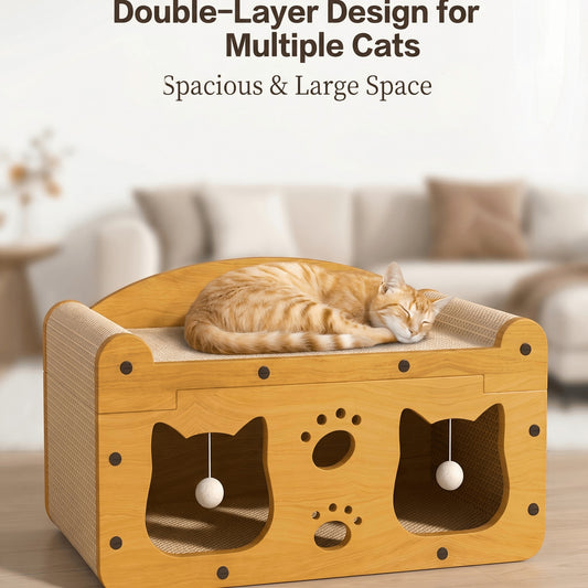 A double-layer cat playhouse with a sleeping orange tabby cat on top, set in a blurred living room background. The product features a light wood-grain frame, natural sisal rope scratching surfaces, and two cat-shaped openings with hanging ball toys.