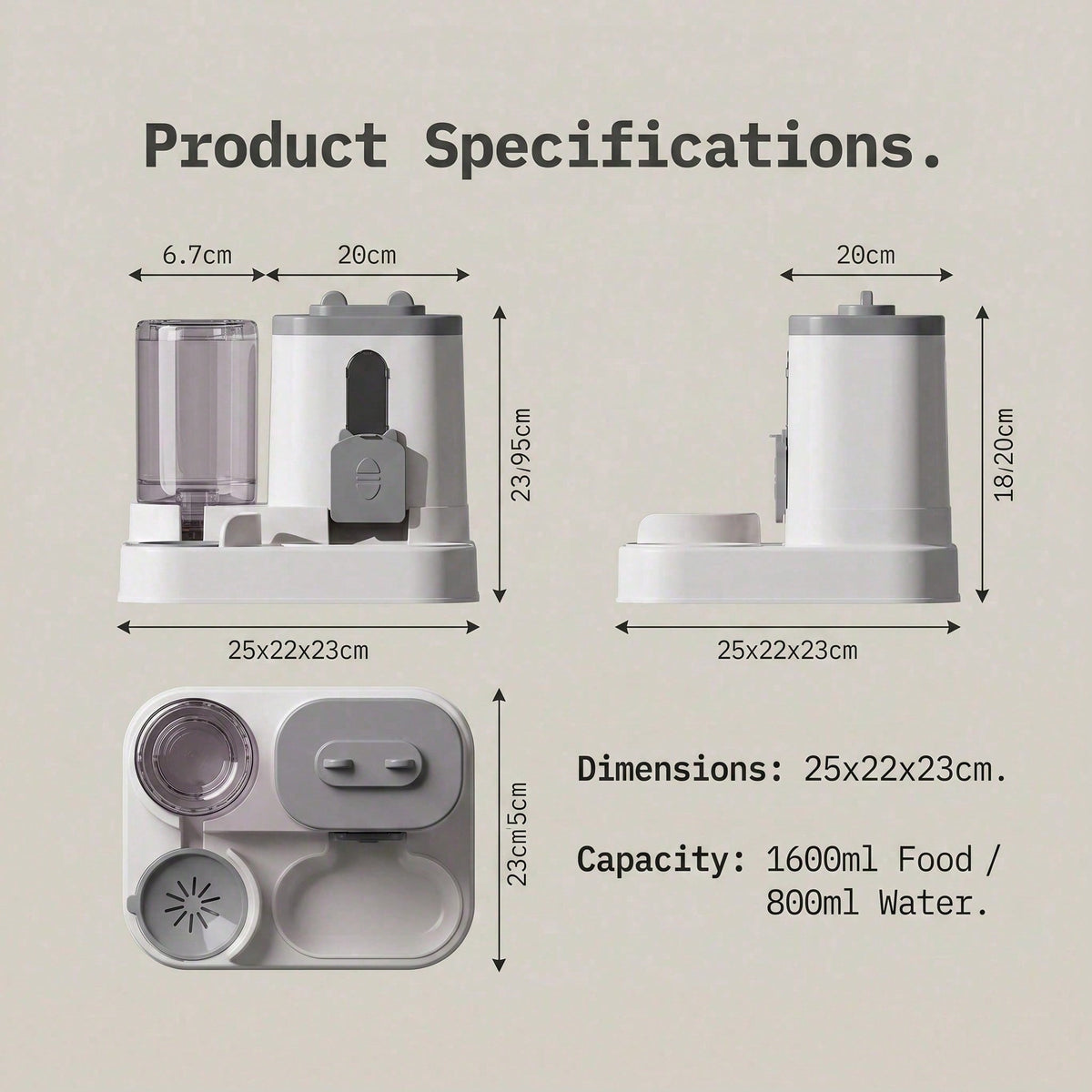 Product specifications of a pet feeder and water dispenser with dimensions and capacity details.