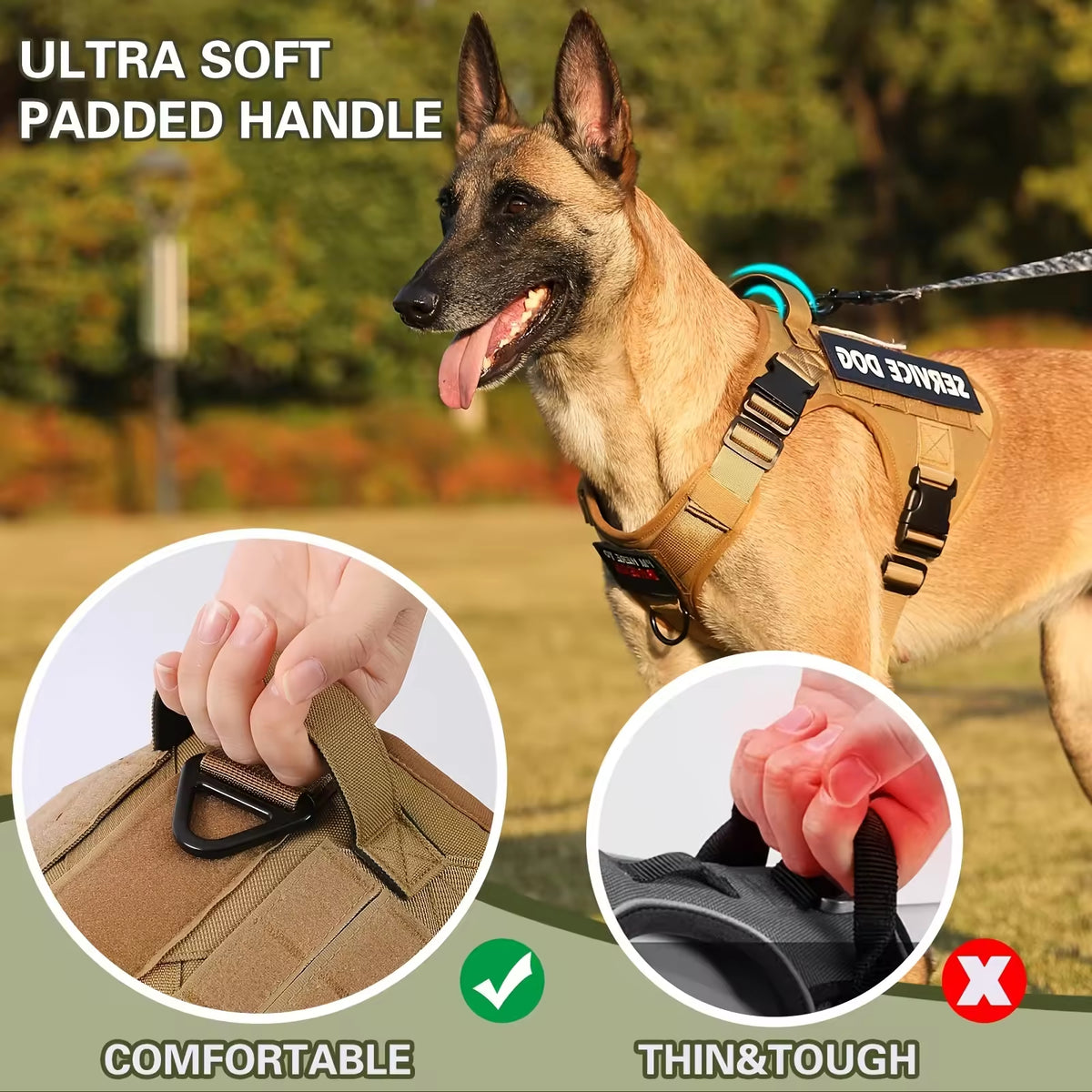 Dog wearing a harness with an ultra-soft padded handle feature, set against a natural outdoor background.
