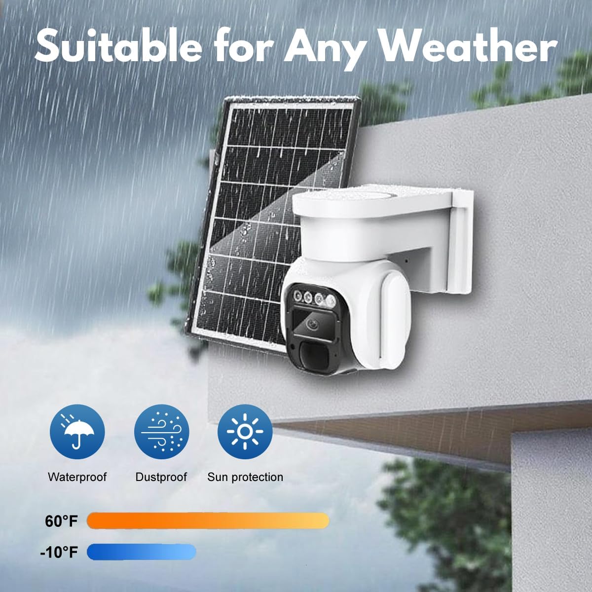 Solar-powered security camera with weather resistance features on a gray wall.
