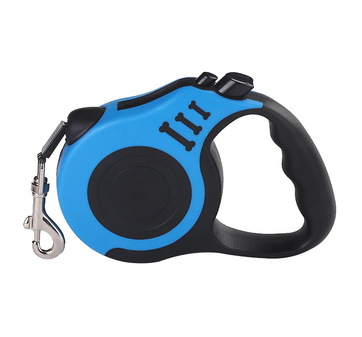 Blue and black retractable dog leash on a white background
