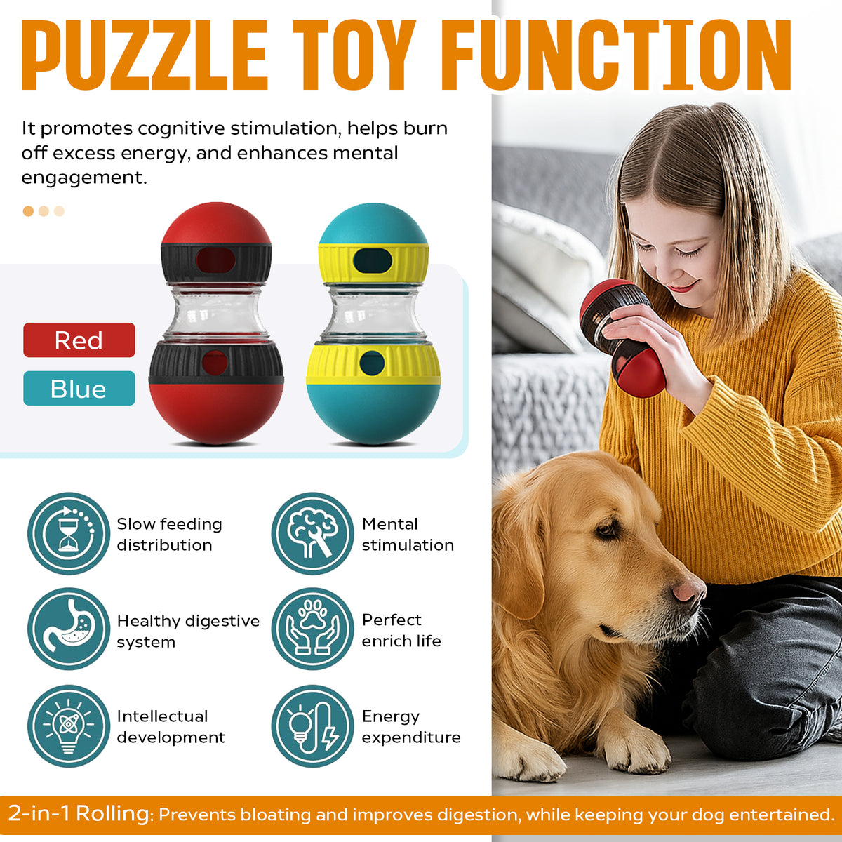 Puzzle toy for dogs with a woman and dog, highlighting features and benefits.