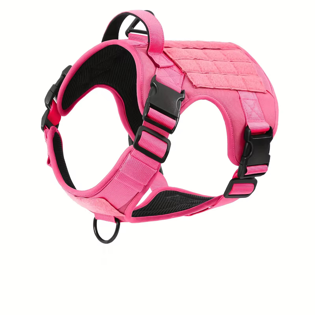 A pink tactical dog harness with black mesh padding and black plastic quick-release buckles, shown on a solid white background.