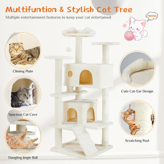 Multifunctional cat tree with various features for cats on a white background