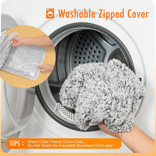 A gray fluffy washable zipped cover is being held in front of an open washing machine door, with a circular inset showing a hand placing a silver foil-covered layer on top. Orange text reads 'Washable Zipped Cover' and includes a tip about washing only the outer fleece cover.