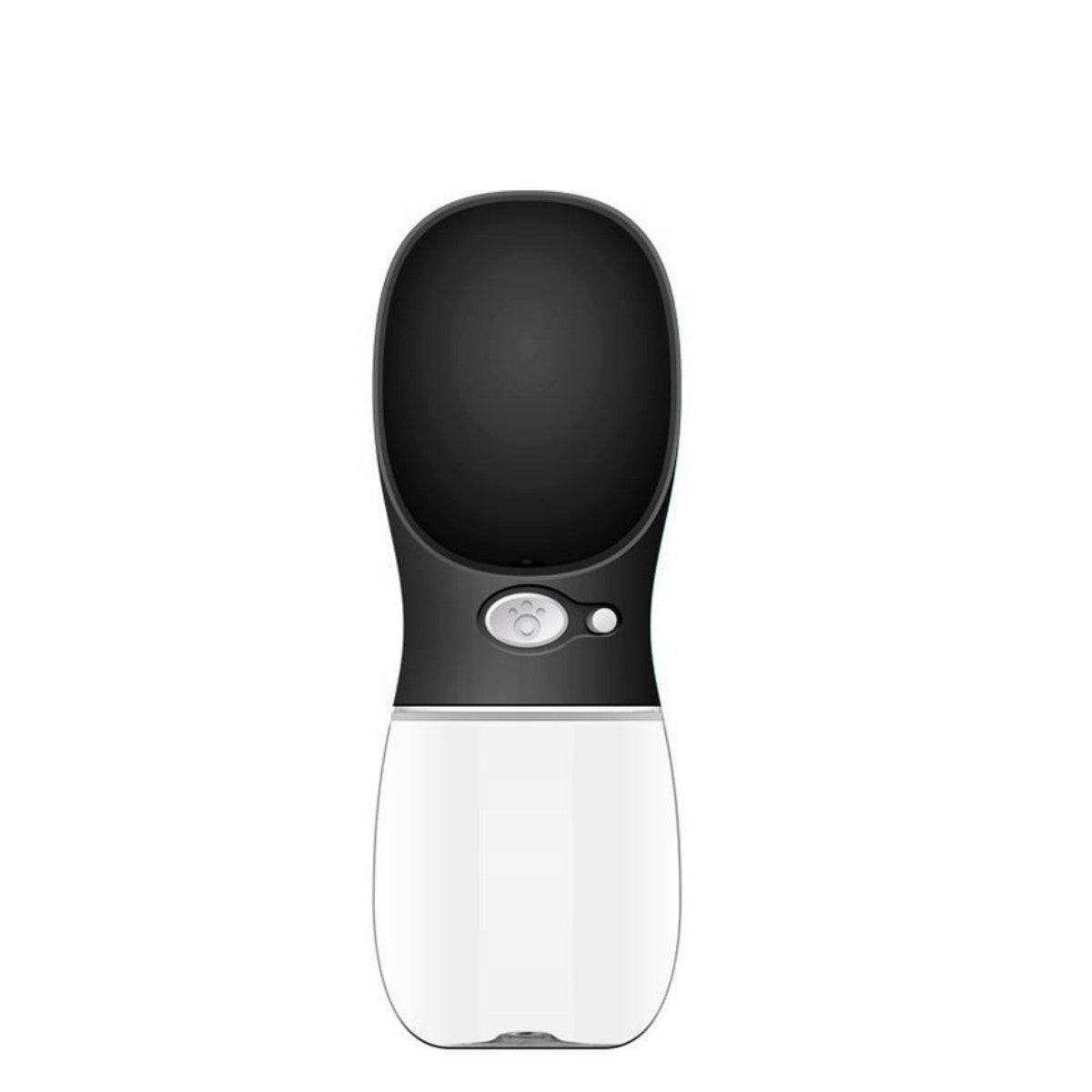 A modern pet grooming brush with a black upper head and a white lower body, featuring a central silver button with a paw print icon.