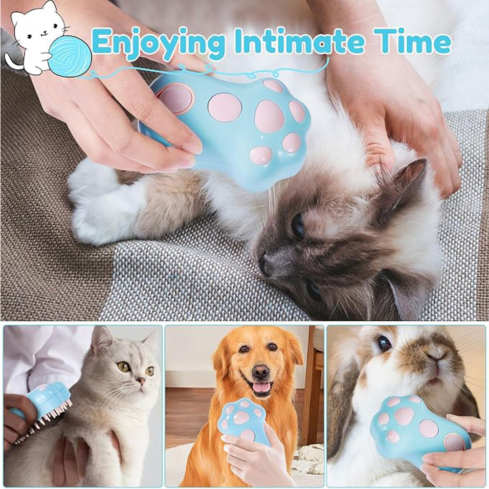 A collage showing a light blue pet massage toy with pink paw-print circles being used on a cat, dog, rabbit, and another cat. Large text at the top reads 'Enjoying Intimate Time'.