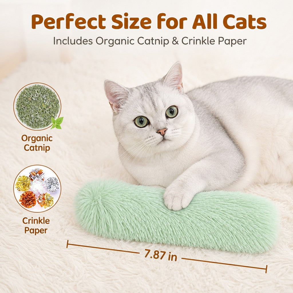 A white cat lies on a fluffy cream rug next to a mint green cylindrical cat toy with a fuzzy pom-pom end. The image includes marketing text reading 'Perfect Size for All Cats,' 'Includes Organic Catnip & Crinkle Paper,' two circular inset callouts labeled 'Organic Catnip' and 'Crinkle Paper,' and a dimension line showing '7.