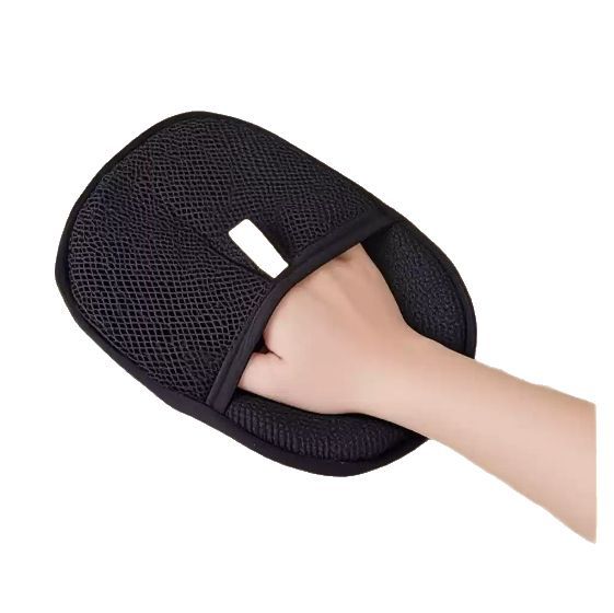 Pet hair remover deshedding glove in black on white background