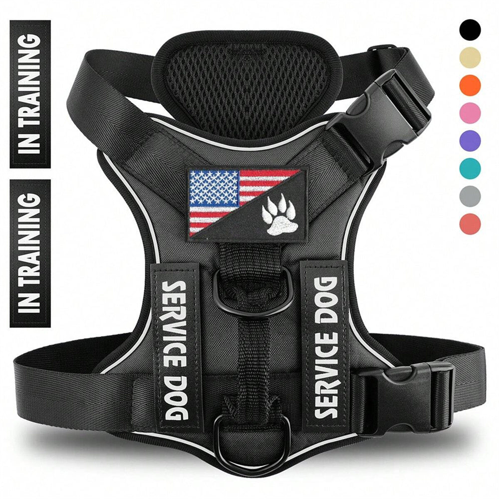 Black service dog harness with American flag and paw print design, 'In Training' label, and color options displayed.