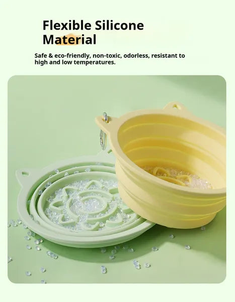 Collapsible silicone bowl on a green background with text about material properties.