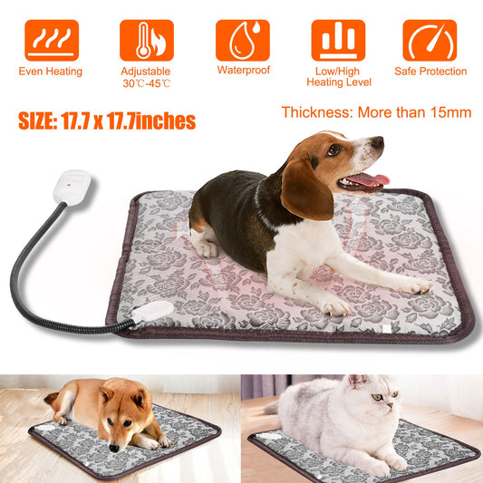 Heated pet mat shown with a beagle, shiba inu, and cat, with feature icons and text including 'Even Heating', 'Adjustable 30°C-45°C', 'Waterproof', 'Low/High Heating Level', 'Safe Protection', and size '17.7 x 17.