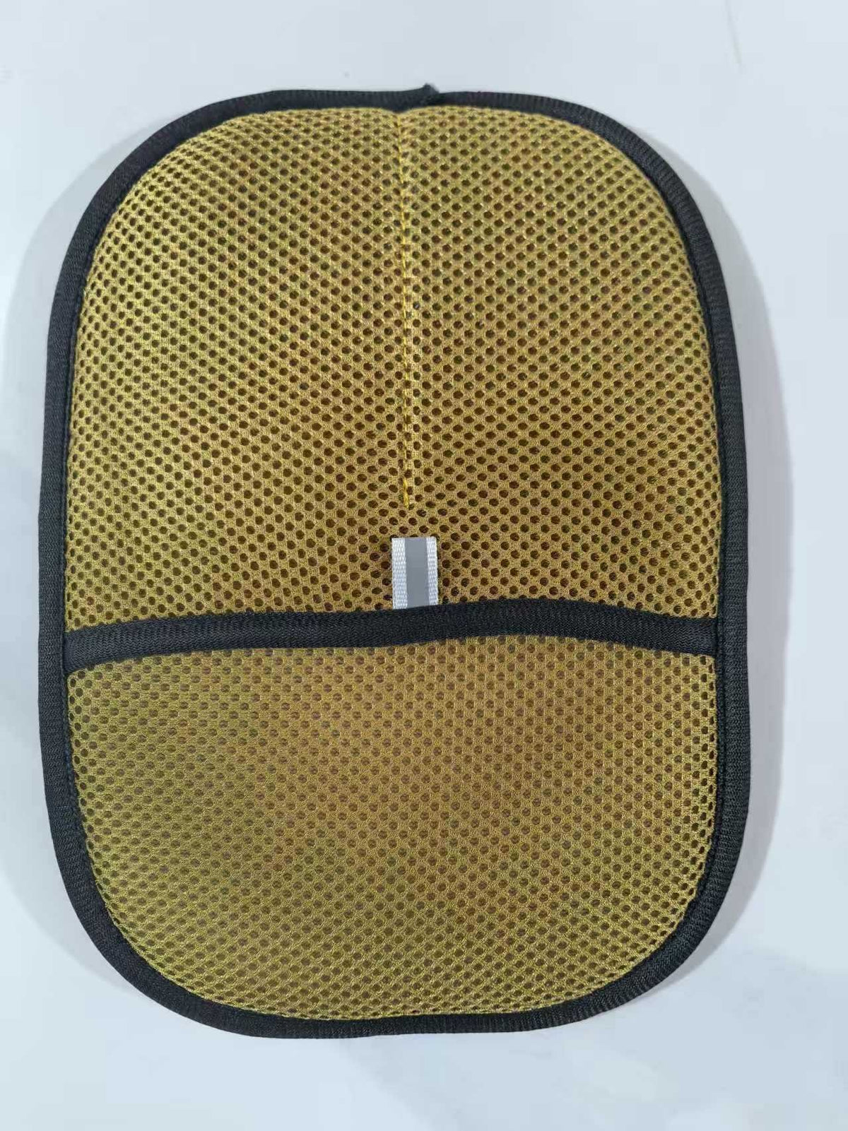 Brown mesh pouch with black trim on a white background