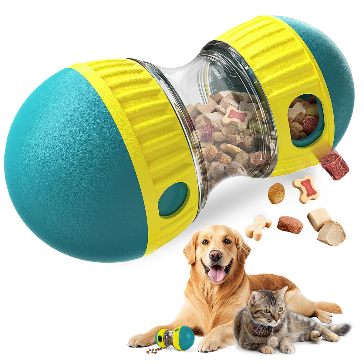 A dual-colored dog and cat puzzle toy feeder with a teal and yellow design, shown with a golden retriever and a tabby cat on a white background with floating treats.