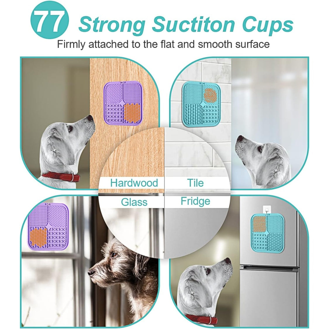 Dog mats with strong suction cups for various surfaces, shown on a white background.