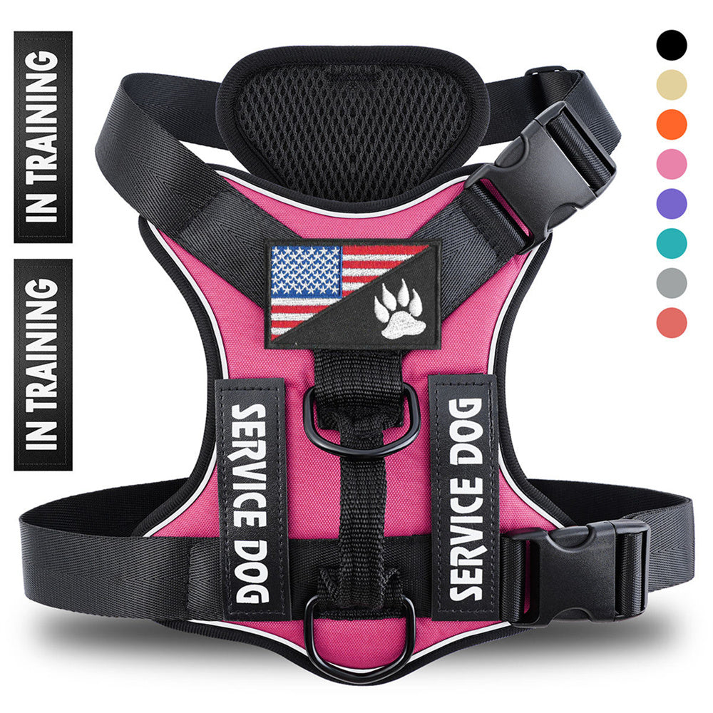 Pink service dog harness with American flag and paw print design, labeled 'In Training'.