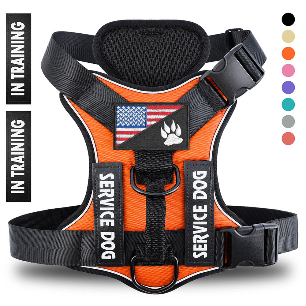 Orange service dog harness with American flag and paw print on a white background