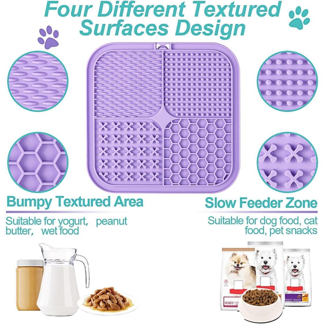 A purple silicone pet slow feeder mat with four textured surface designs, shown on a white background with feature callouts, pet food packaging, and feeding accessories.