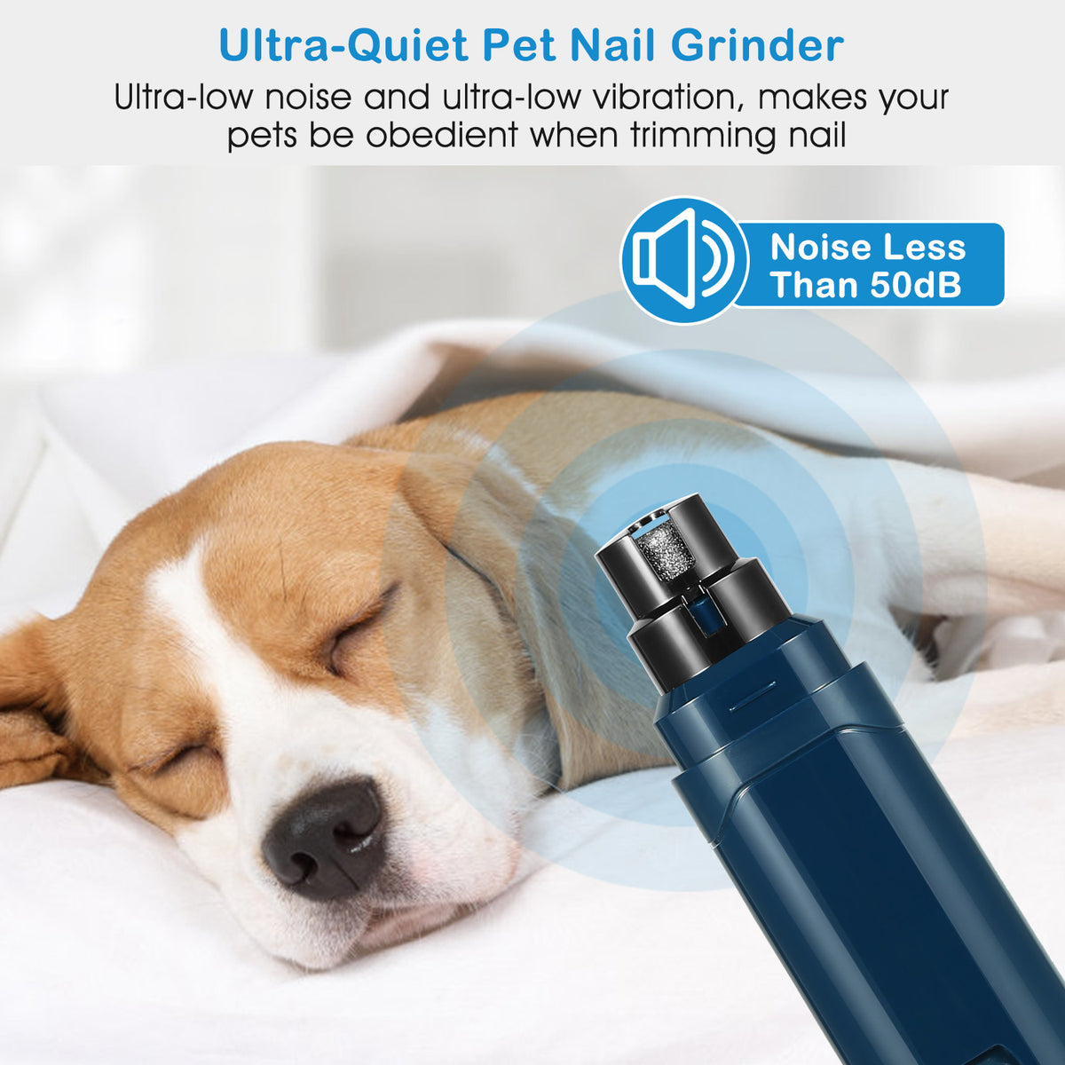 Pet nail grinder being used on a sleeping dog with text about noise level and vibration reduction.