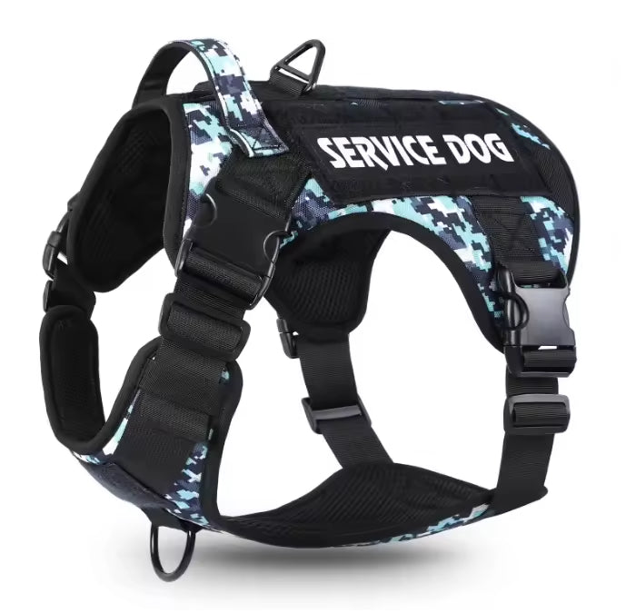 Service dog harness with camouflage pattern on a white background