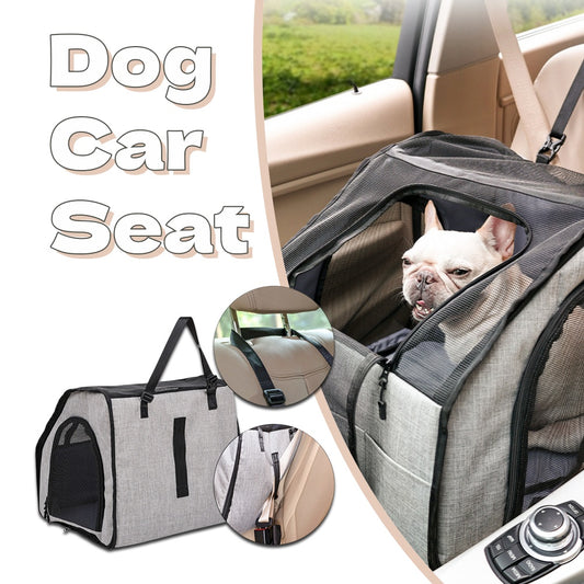 Dog car seat with a dog inside, shown in a car and on a white background.