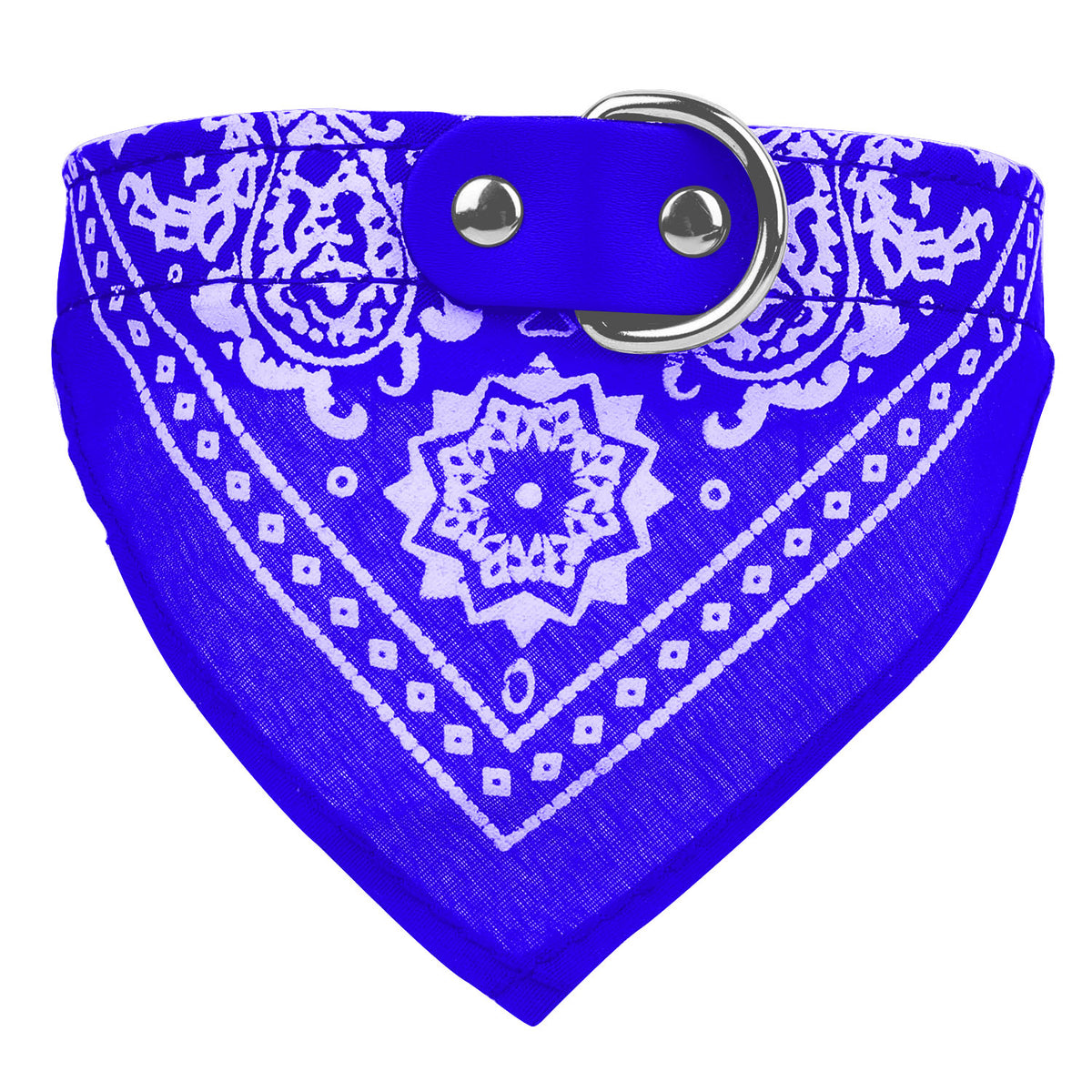 Blue bandana with white patterns and metal ring on a white background
