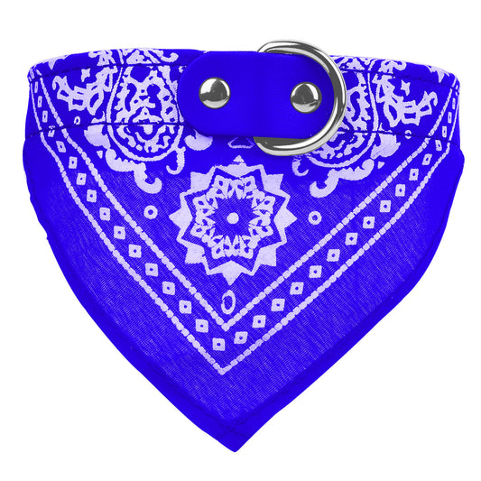 Blue bandana with white patterns and metal ring on a white background