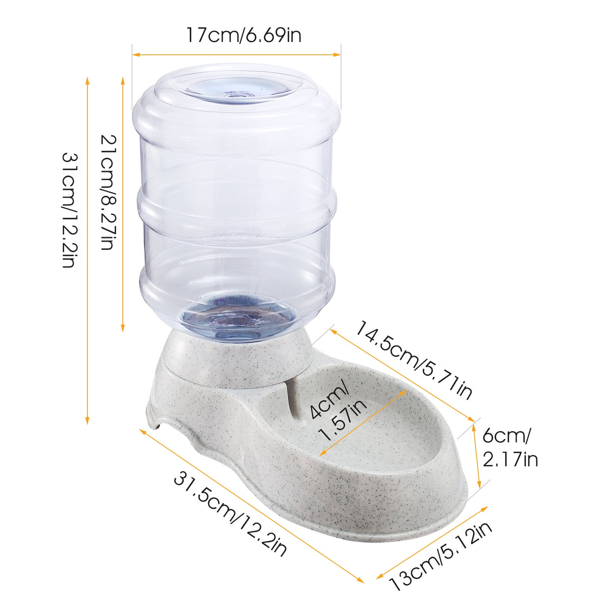 Pet water bottle with measurements on a white background