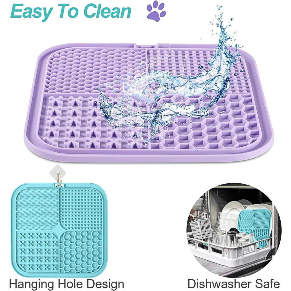 A purple silicone dish drying mat with raised drainage holes, shown on a white background with text reading 'Easy To Clean' and a paw print icon. Two smaller inset images below show a turquoise hanging-hole version and a dishwasher-safe usage scene.