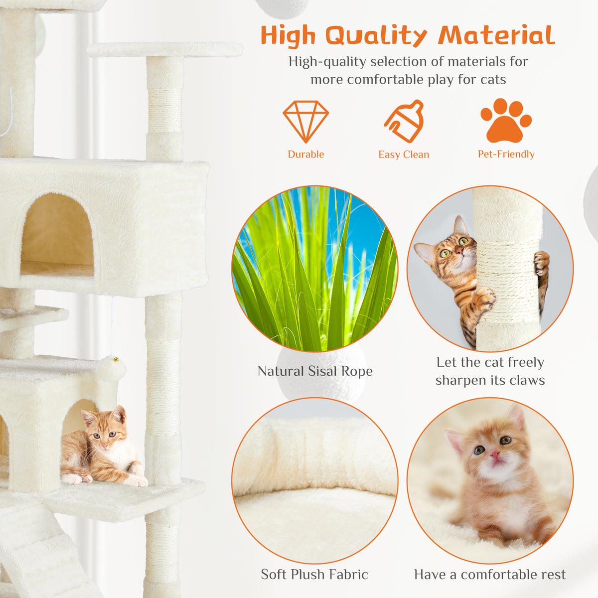 Cat tree with features highlighted, including natural sisal rope, soft plush fabric, and pet-friendly design.