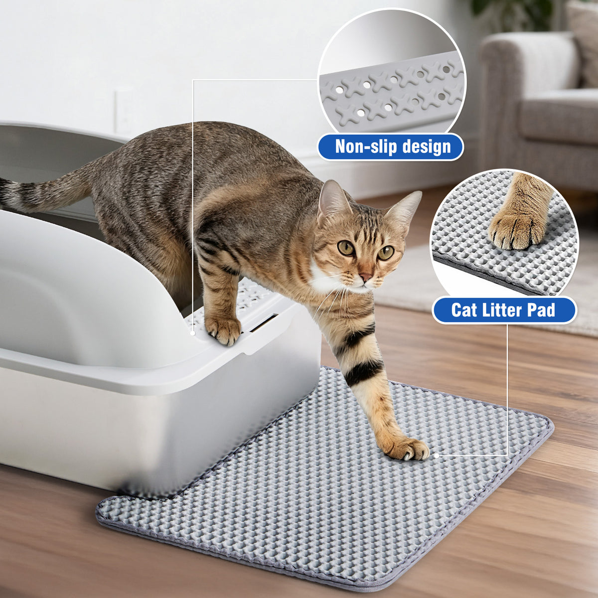 Cat using a litter box with a cat litter pad on the floor, showing non-slip design features.
