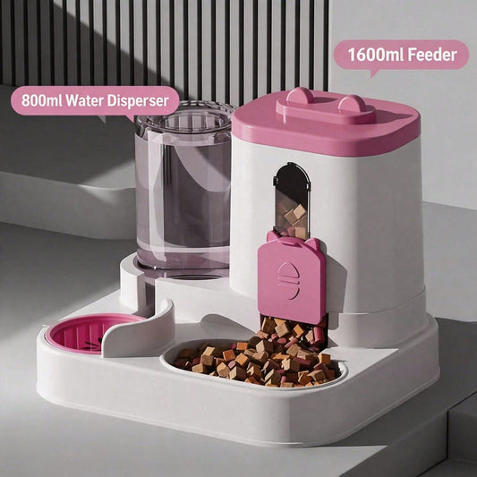Pet feeder and water dispenser with pink accents on a gray background