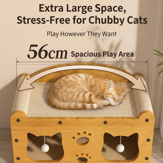 Wooden cat play area with a cat sleeping on it, labeled as extra large space for chubby cats.