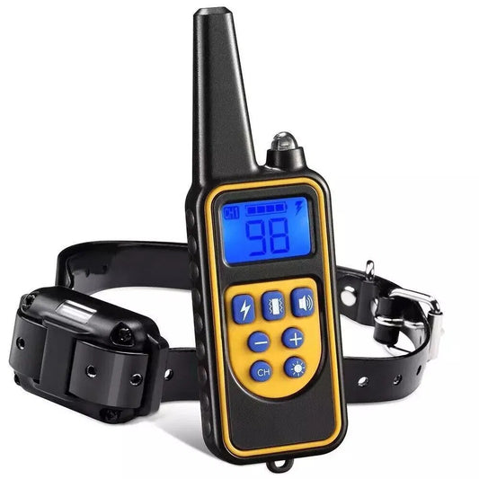 A pet training device with a black and yellow handheld transmitter and a black collar, shown on a clean white background.