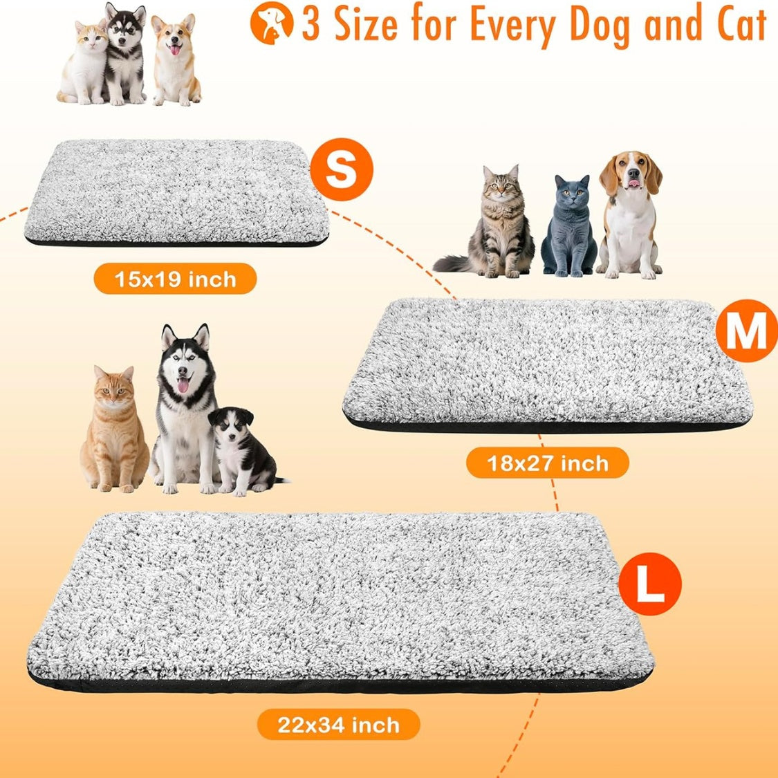 Dog and cat mats of different sizes with images of dogs and cats to indicate size suitability.
