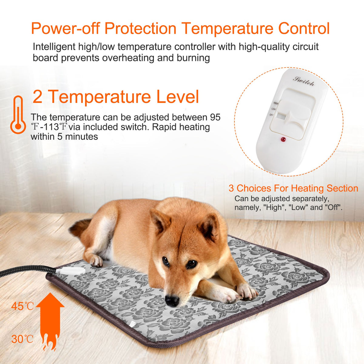 Dog lying on a heating pad with temperature control features highlighted