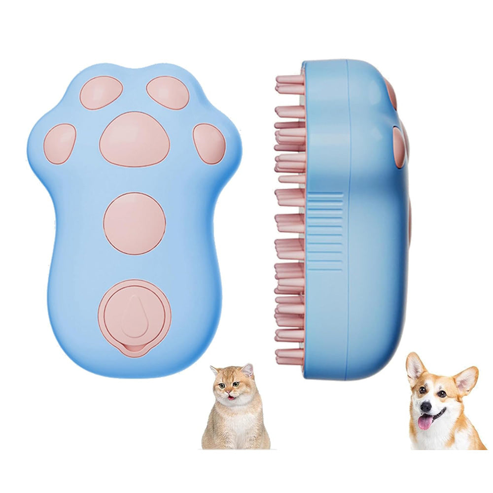 A blue and pink pet grooming brush shown from two angles on a white background, with a cat and a dog pictured below as examples of pets that use it.