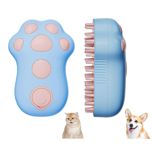 A blue and pink pet grooming brush shown from two angles on a white background, with a cat and a dog pictured below as examples of pets that use it.
