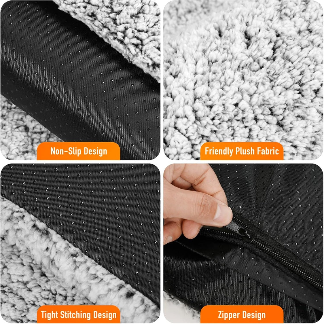 Collage of product features including non-slip design, plush fabric, tight stitching, and zipper design.