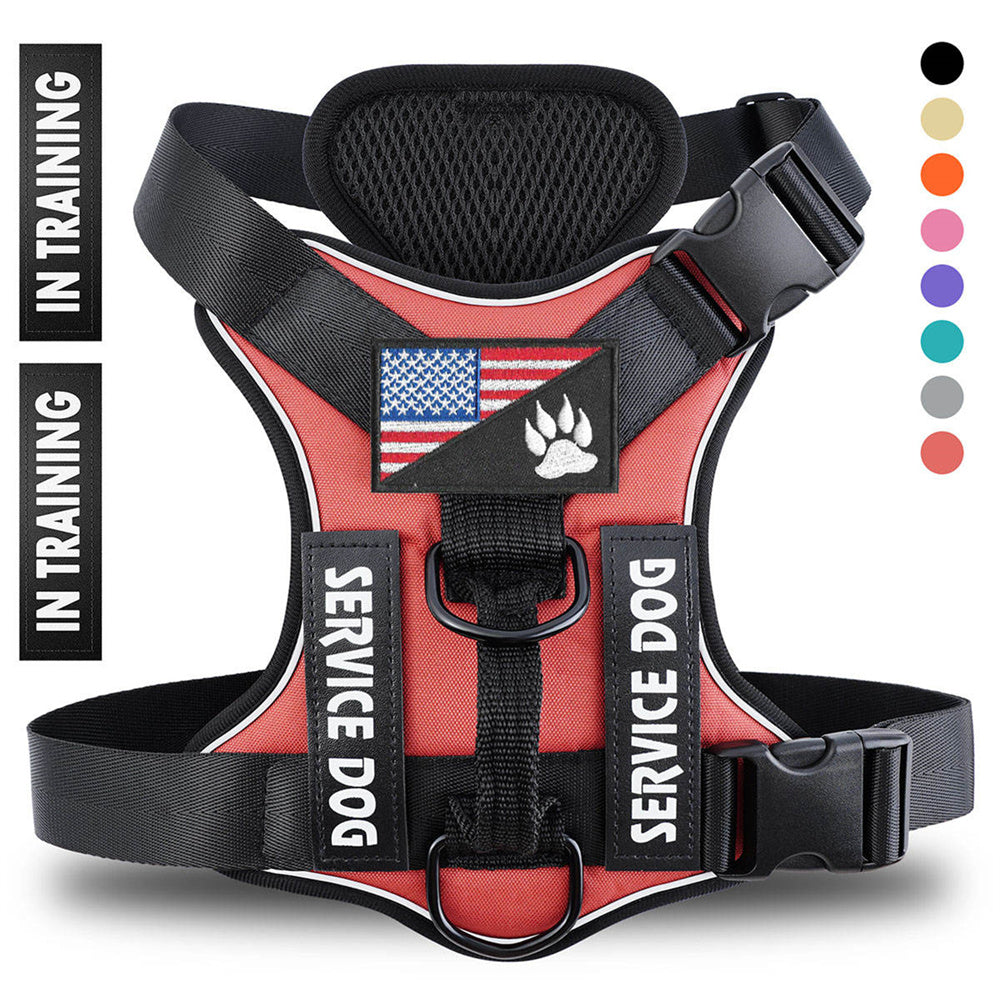 Red service dog harness with American flag and paw print on a white background