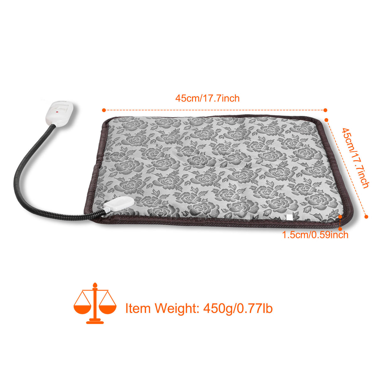 Heating pad with floral pattern and measurement details on a white background