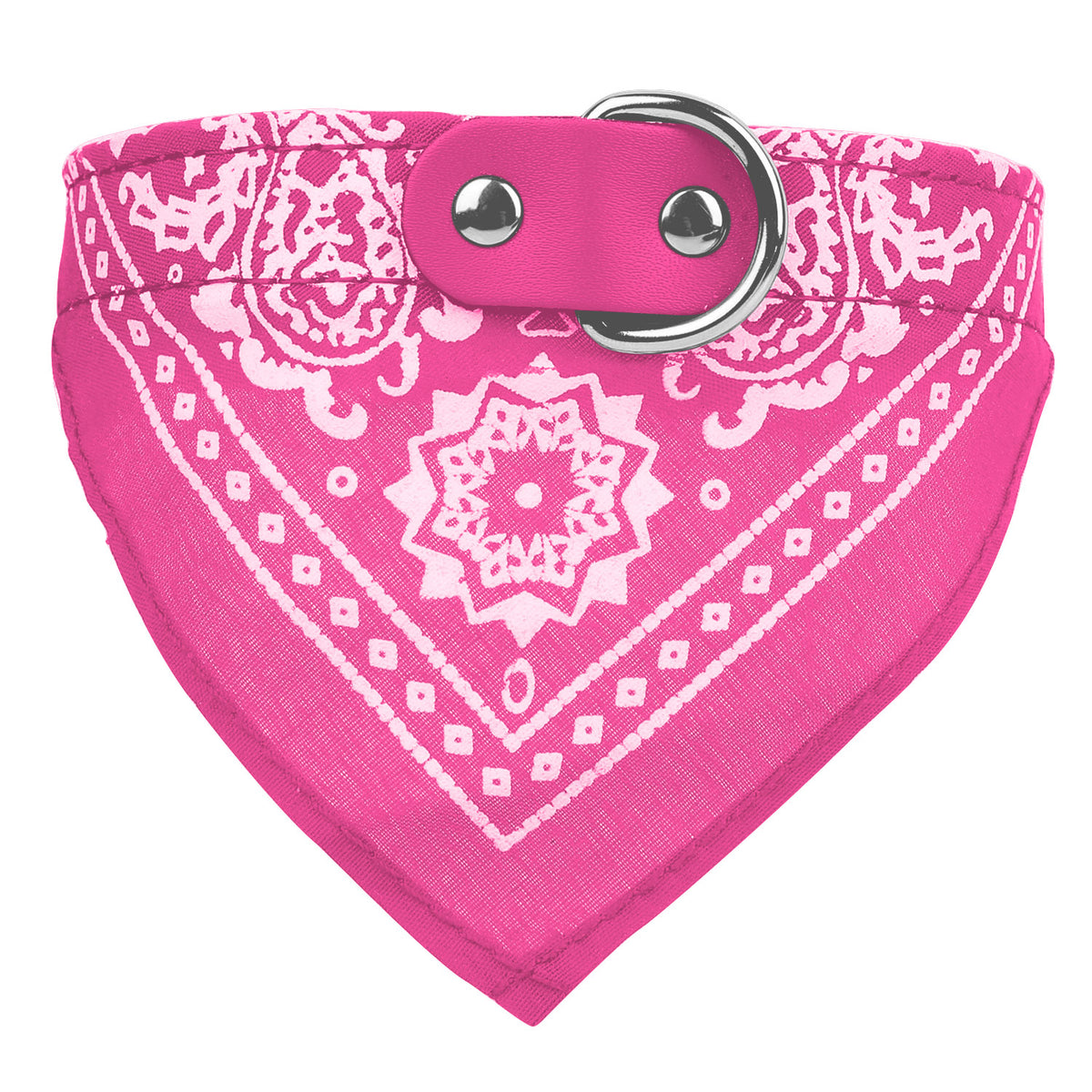 Pink bandana with white patterns and a metal buckle on a white background
